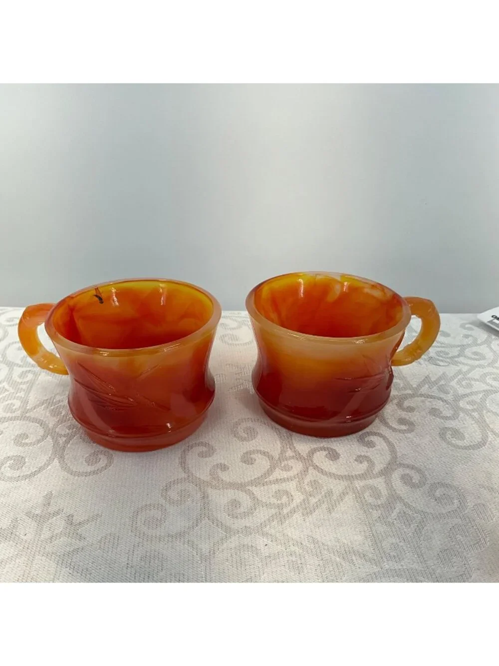 Vintage Amberina Cadmium Glass cups Set/2 UV Reactive Red Orange Starburst
